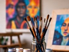 Paints, brushes and colourful visual artwork